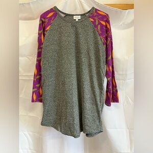 LuLaRoe Gray Raglan T-Shirt with Purple Accents